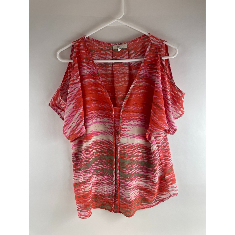 Halo Shirt Women's Size Small Red Pink White Cold Shoulder Short Sleeve Tee